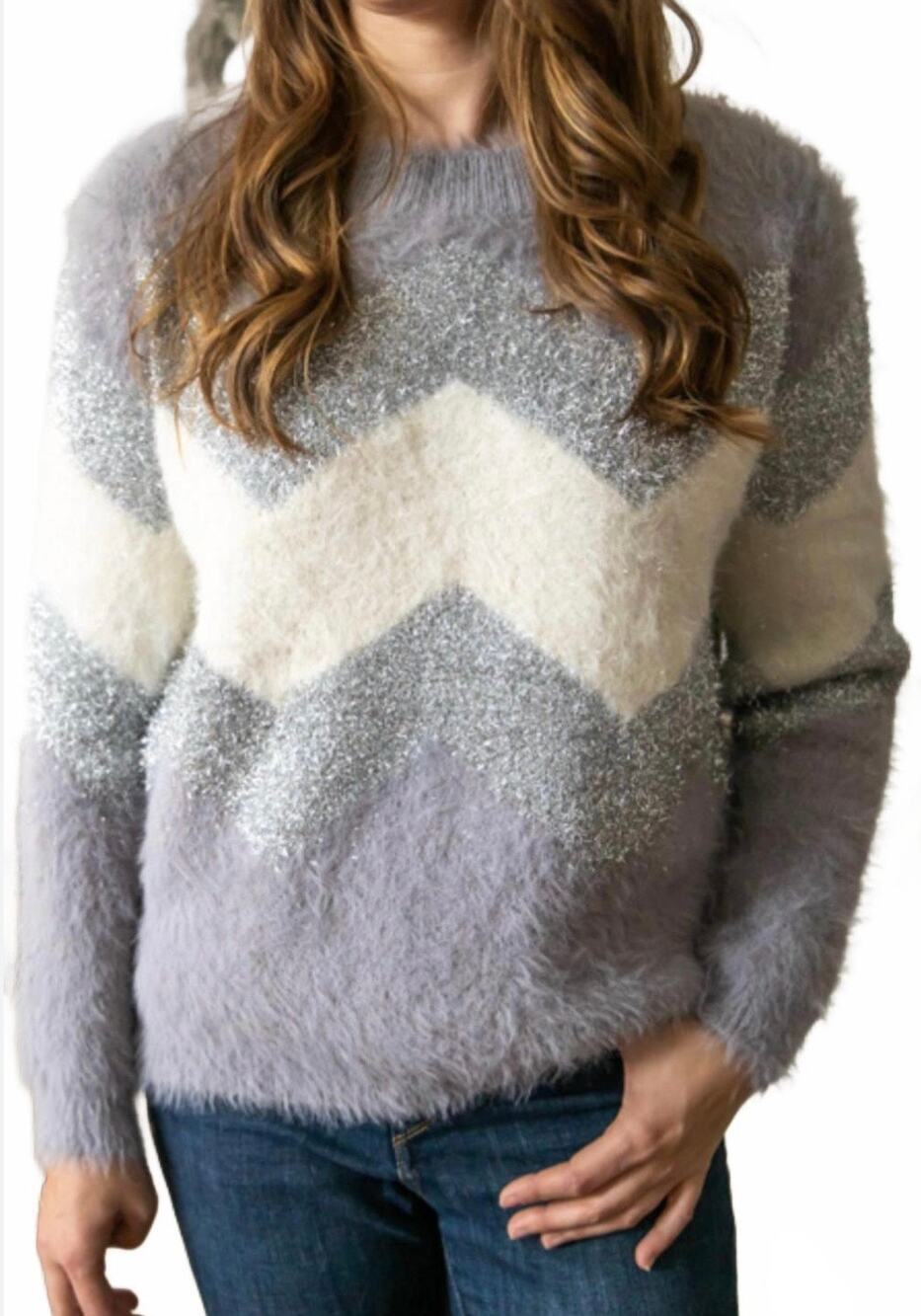 FATE Chevron Metalic Fuzzy Sweater In Grey - size M